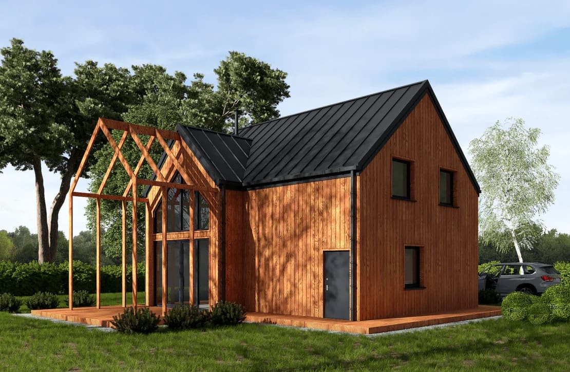 Dom modułowy całoroczny do 70m2 – projekt The Family Barn 70 m2 od W.G Partners